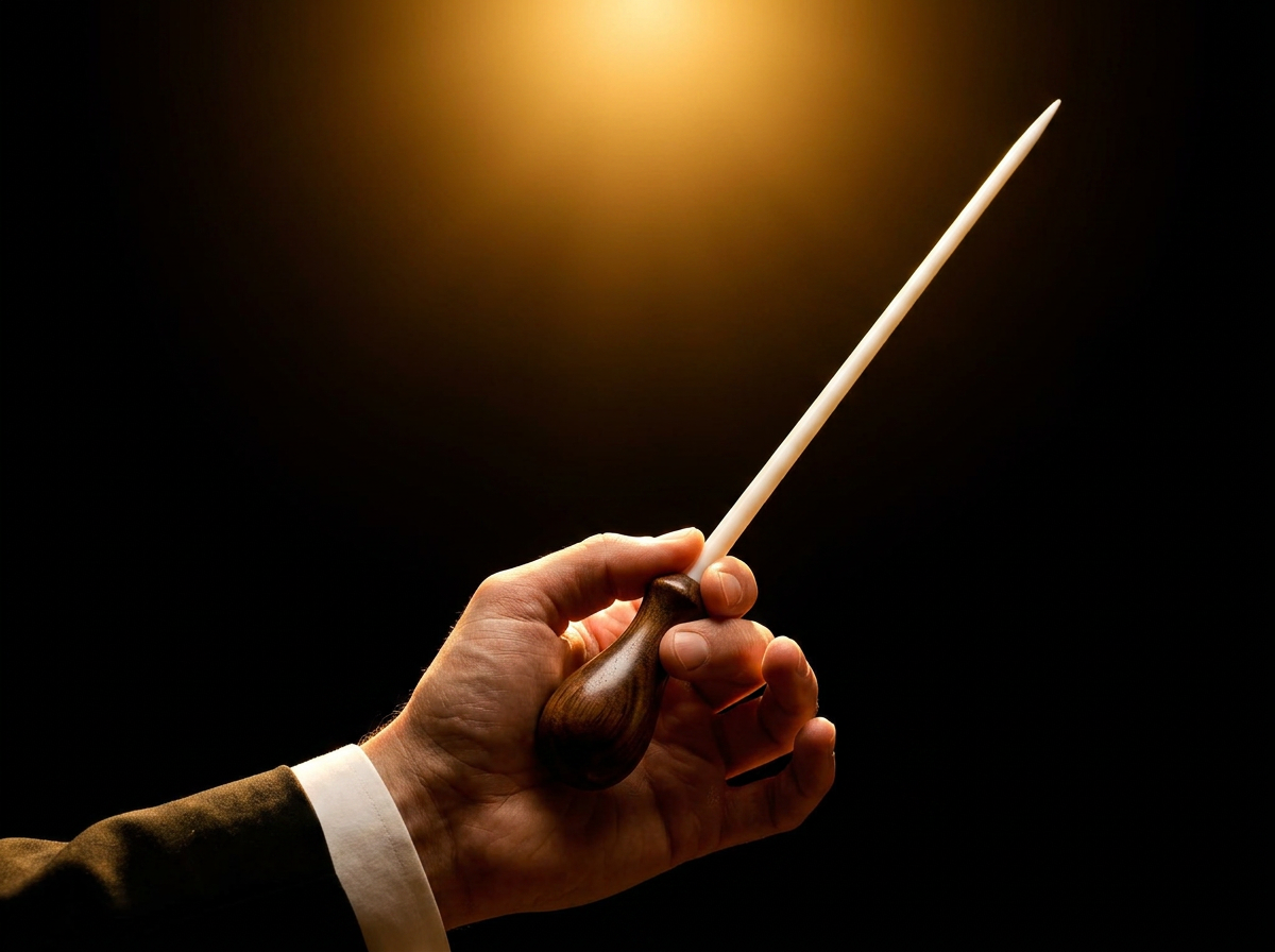 Conductor holding baton in dramatic golden light