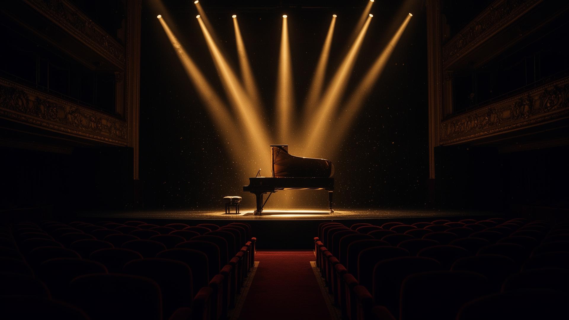Grand piano under golden spotlights on a dark concert hall stage